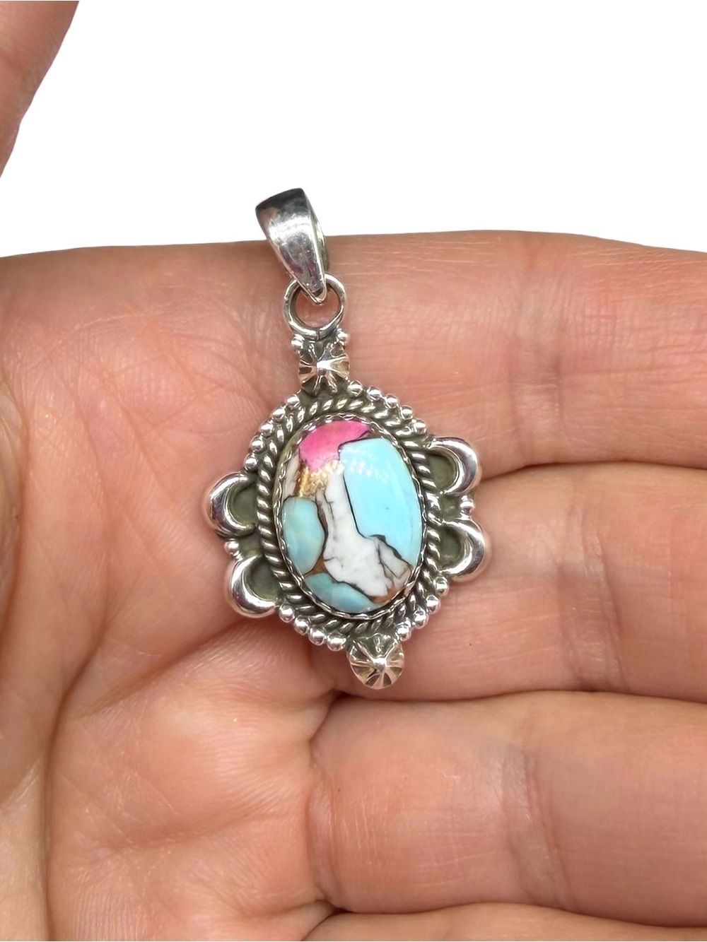 Kingman Cotton Candy Turquoise Necklace Pendant Solid 925 Sterling Silver